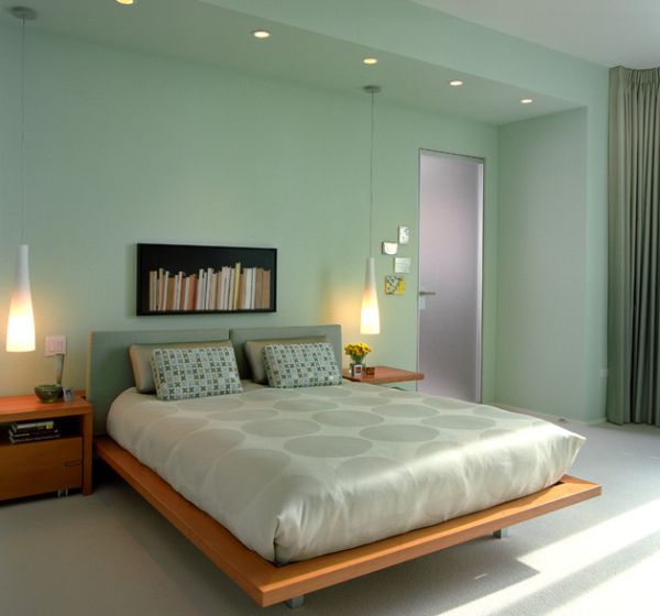 Beleuchtung schlafzimmer bett bettwäsche pendelleuchten nachttisch grün