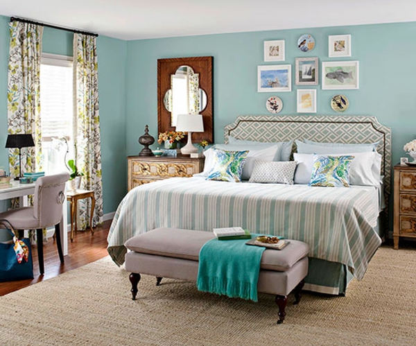 Dekoration mit Farben bett schlafzimmer grün gemustert bettbank bild