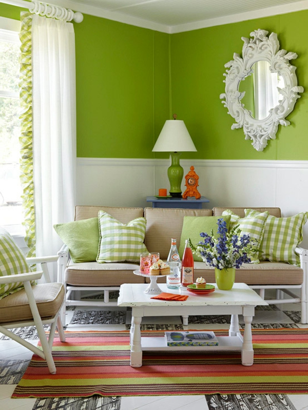 Dekoration mit Farben grün couch tisch kissen teppich