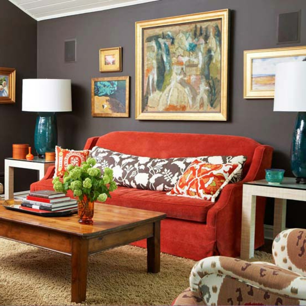 tolle interior Farben rot couch tisch holz teppich bild wohnzimmer