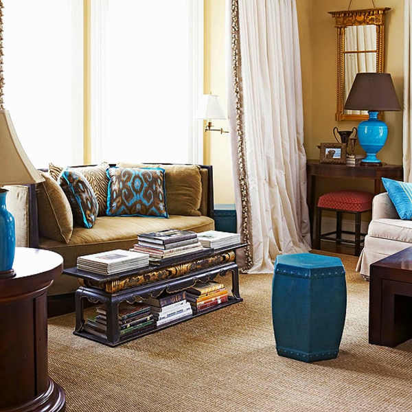 tolle interior Farben wohnzimmer couch blau tisch braun