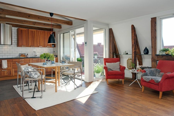 Prächtiges Apartment skandinavischen Stil esstisch stuhl rot sofa holz