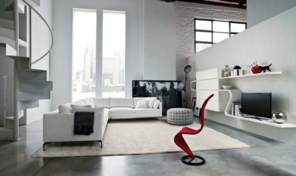 Wohnzimmer Design Idee couch rot stuhl fernseher teppich regale