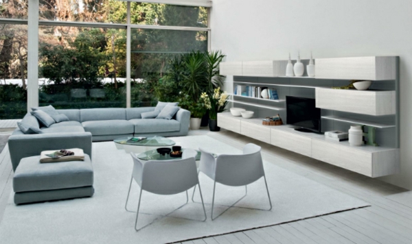 Wohnzimmer Design Ideen grau couch stuhl regale schrank