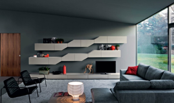 Wohnzimmer Design Ideen regale grau couch stuhl tisch lampe