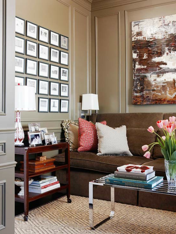Wohnzimmer dekorativen Elementen bild braun couch kissen tisch