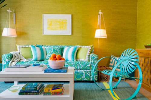moderne inneneinrichtung orange wohnzimmer farbig orangen gelb türkis