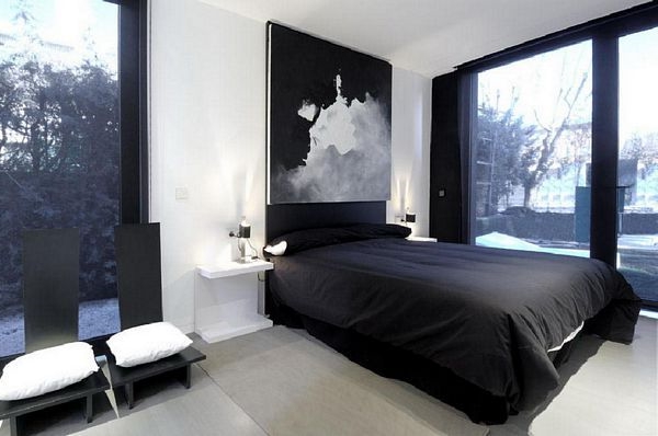Coole Schlafzimmer für Männer schwarz bett weiß nachttisch bild