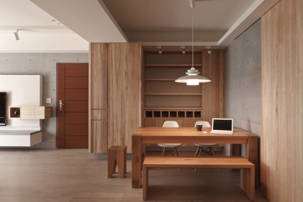 Organisches und minimalistisches Interior bank tisch holz