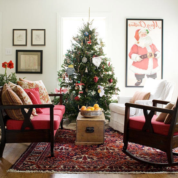 Schöne Weihnachten Wohnzimmer weihnachtsbaum teppich rot couch bild tisch