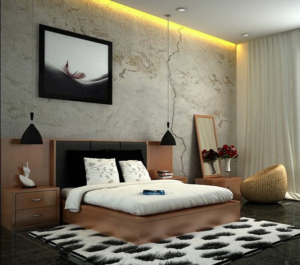 großartige schwarz-weiß Schlafzimmer bett holz pendelleuchte nachttisch