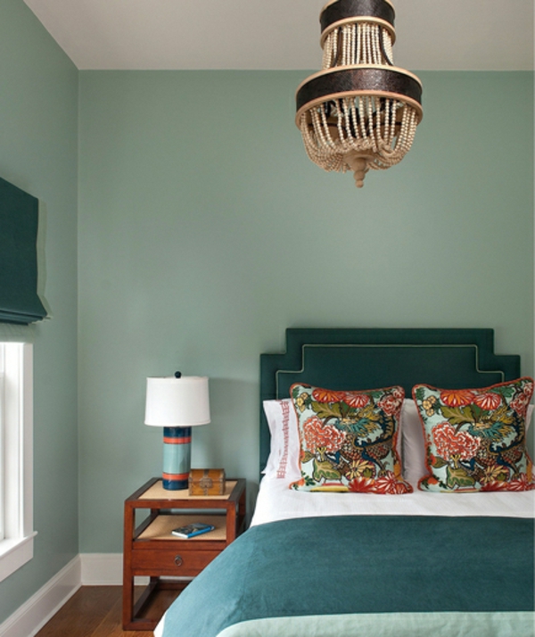 modern Schlafzimmer bett leuchter grün lampe