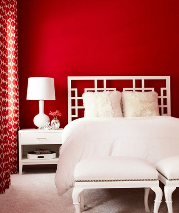 modern Schlafzimmer bett rot weiß bank lampe nachttisch