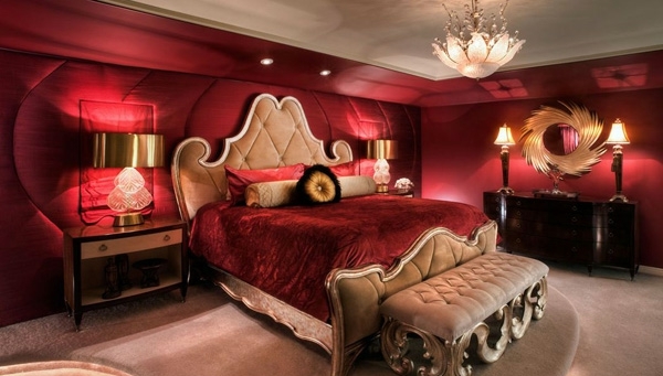 romantische Schlafzimmer Designs rot bett bettbank leuchter lampen
