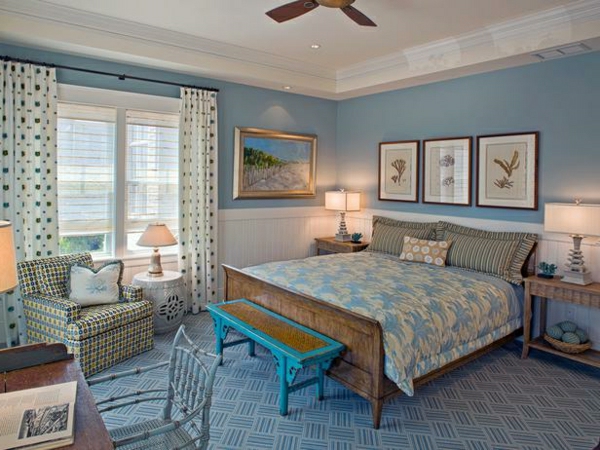 schlafzimmer farben blau wandfarbe akzente bettwäsche vintage