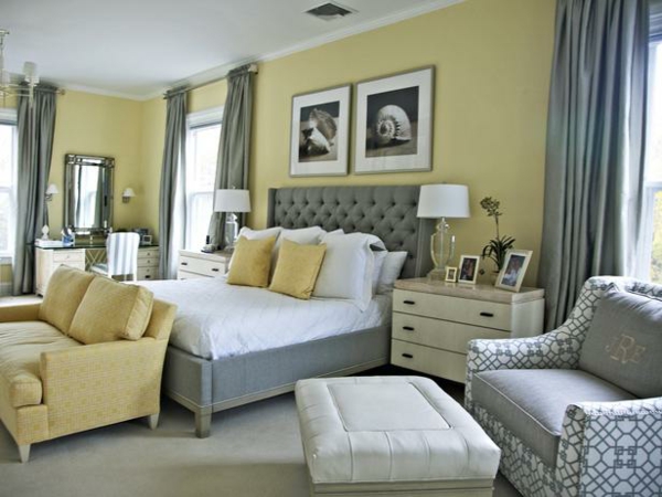 schlafzimmer farben grau gelb weiß harmonie