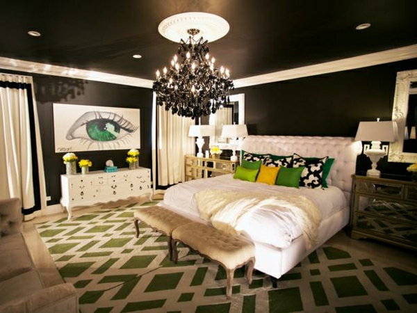 schlafzimmer farben grün schwarz weiß wandfarbe deko