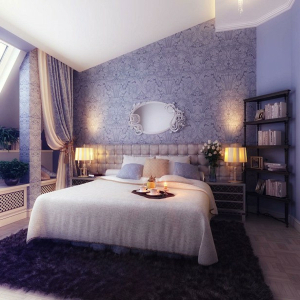 schlafzimmer ideen romantik einrichtung farbe lila lavendel wandtapete romantisch