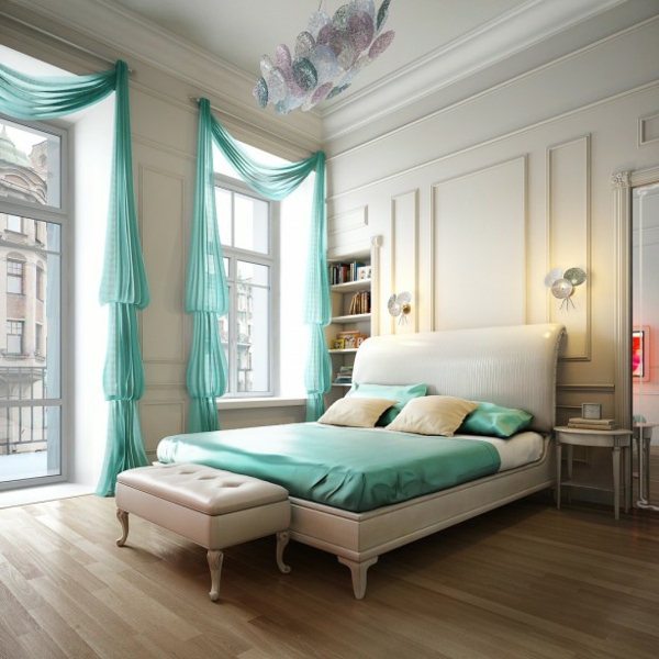 schlafzimmer ideen romantik einrichtung farbe zärtlich türkis leder osmanne naturlicht