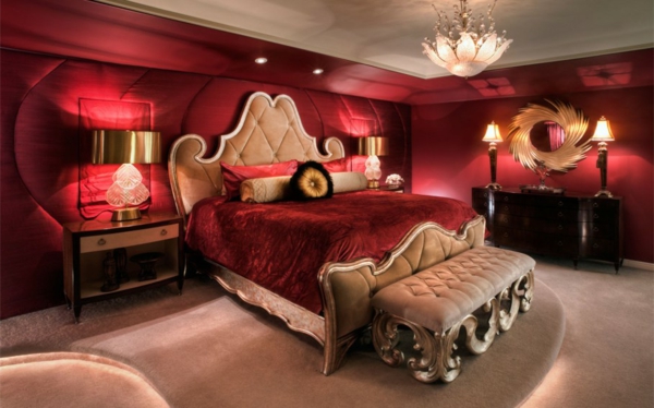 schlafzimmer ideen romantik einrichtung rot wandfarbe osmanne beige romantisch