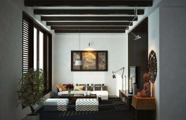 Asiatisch inspirierte Wohnideen lampe hocker couch
