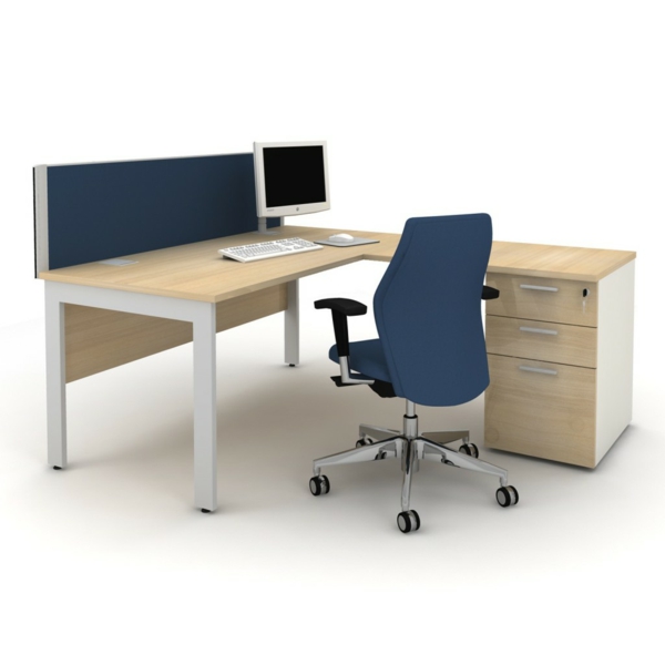 Büro Schreibtisch holz stuhl blau