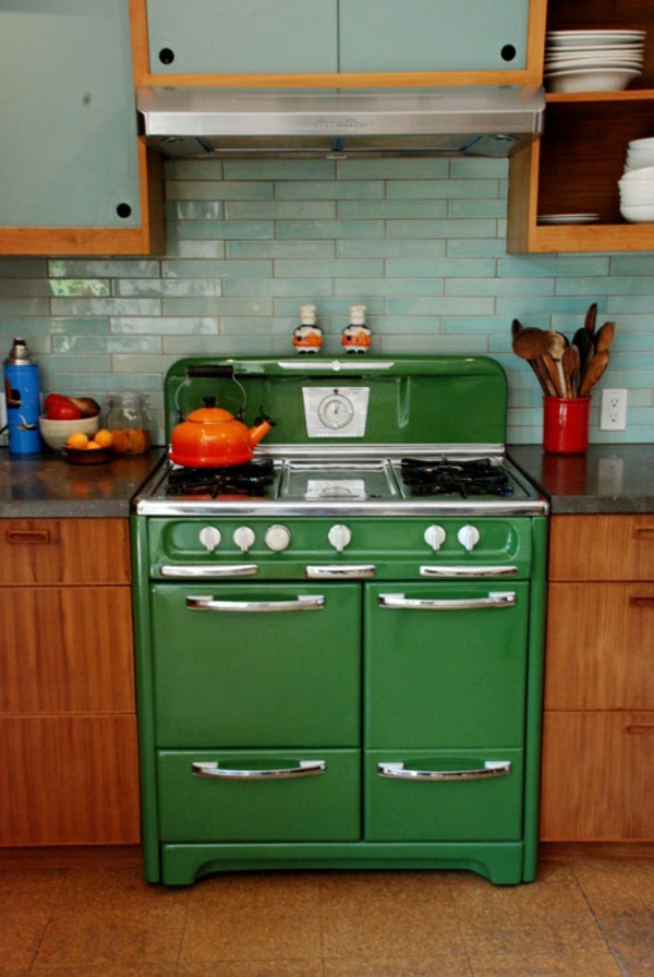 Retro Küche grün kochherd holz schrank