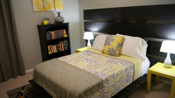 graues Schlafzimmer gelb bett lampe schrank