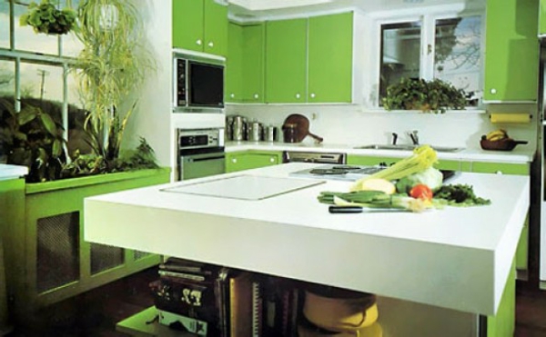 grüne Küche mit tropischem Stil kücheninsel