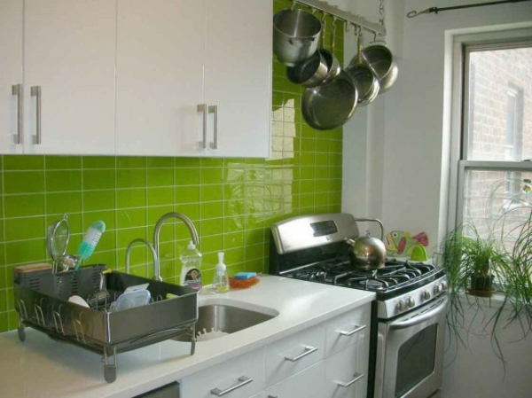 grüne Küche mit tropischem Stil rückwand spüle kochherd