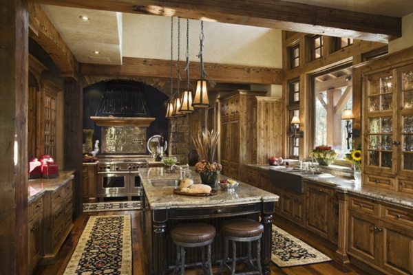 rustikale Küchen Design pendelleuchter barhocker kücheninsel