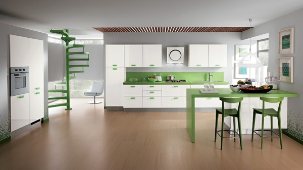 Elegante Küche grün tisch barhocker