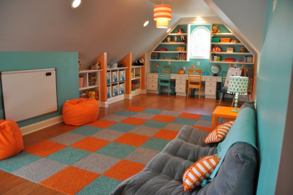 toll Farbkombinationen orange regale sofa