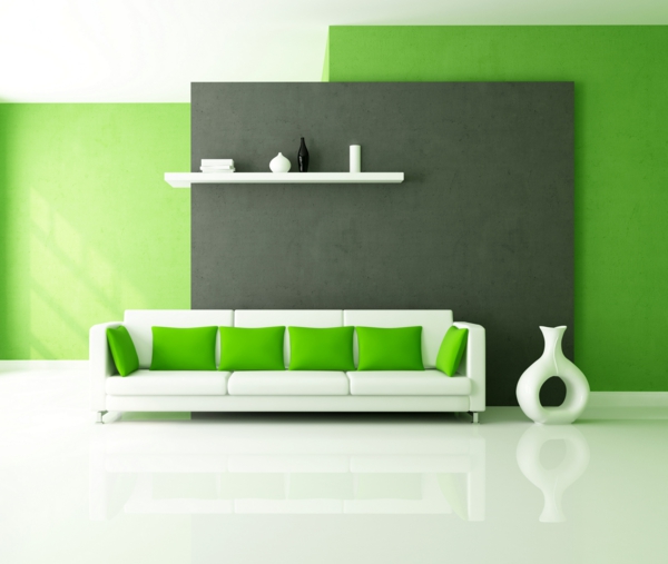 modernes wohnzimmer in grün grüne dekokissen