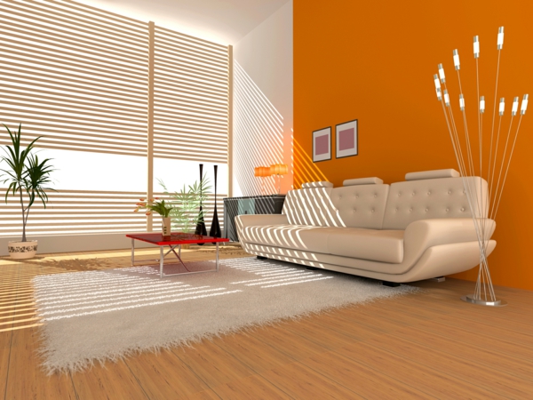 moderne wohnzimmereinrichtung orange wand