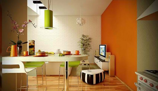 moderne esszimmer in orange grüne elemente