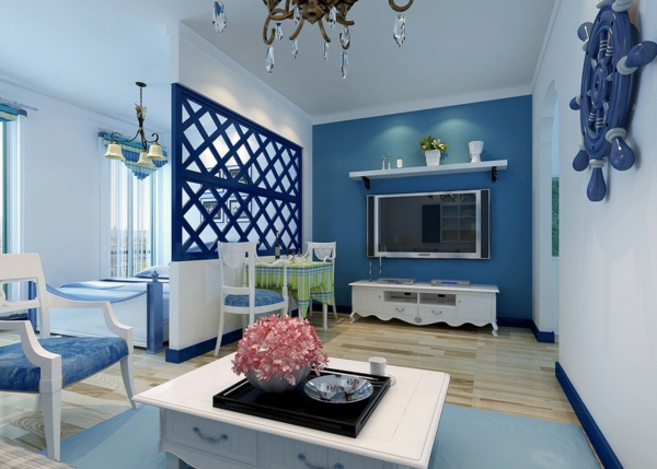 wohnzimmer in mediterranen stil blaue einrichtung