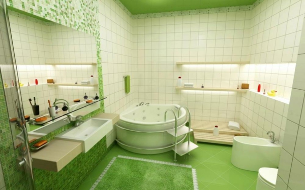 großes badezimmer mit grünen fliesen