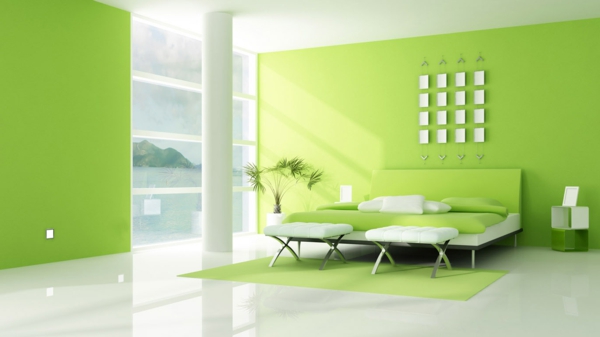 grüntöne wandfarbe minimalistisches schlafzimmer