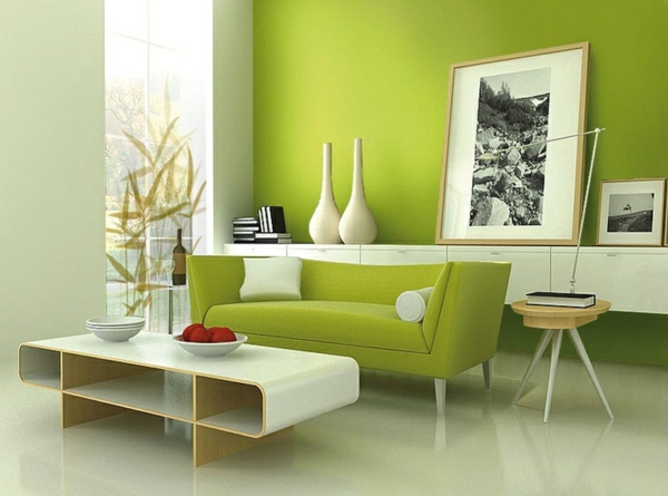 grüntöne wandfarben minimalistische ideen fürs wohnzimmer