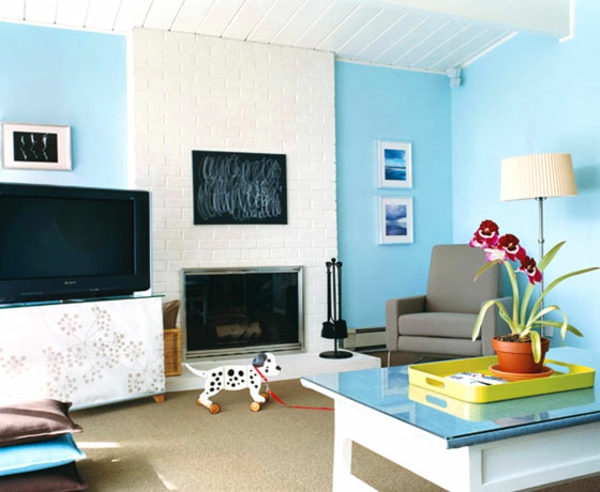 Wandfarbe fernseher Taubenblau wohnwand wohnzimmer