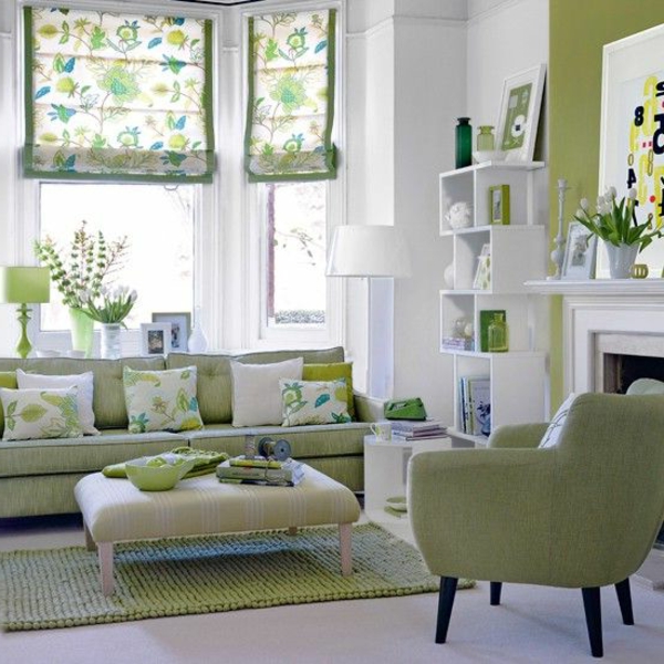 grünes wohnzimmer design raffrollo