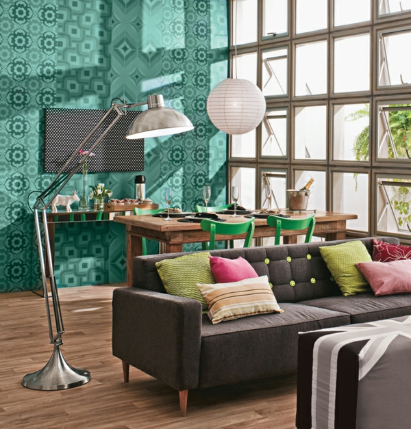 wohnzimmer design grüne tapete