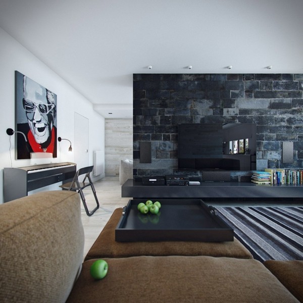 steinwand wohnzimmer aus schwarze steine