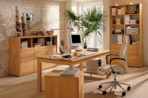 home-office-moderne-büromöbel-helles-holz-holzfurniere-zimmerpflanze-palme-chefsessel-ergonomische-büroausstattung