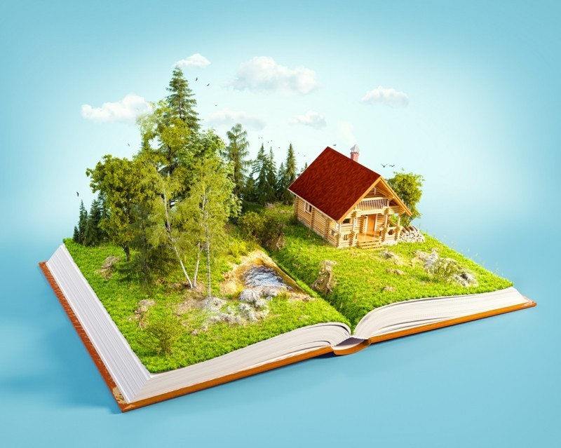 Cute countryside log house in a wonderful forest on pages of opened book. Unusual 3D illustration.