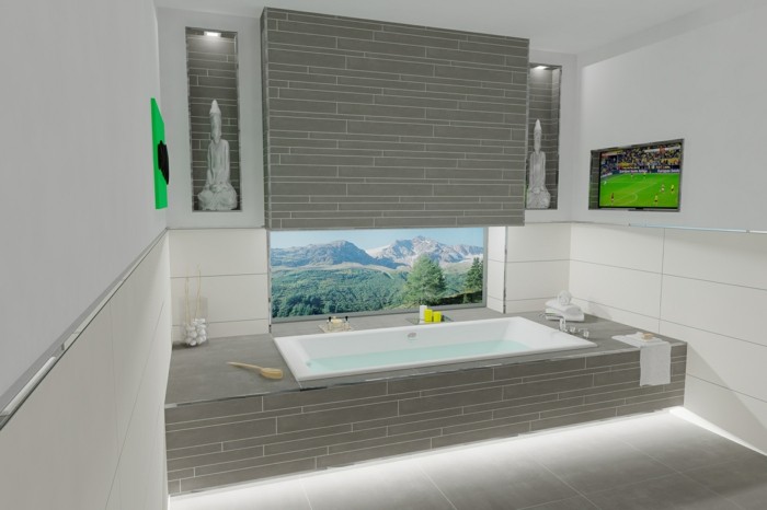 Badezimmereinrichtung Trends Badewanne vor dem fenster Smart-Naturstein Tv Einbauleuchte