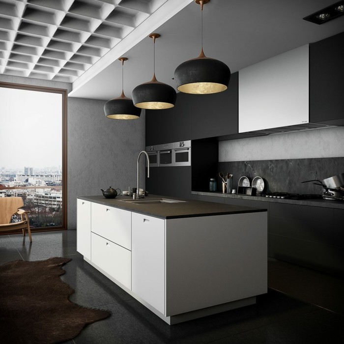 schwarze kücheneinrichtung mit weißem kücheninsel