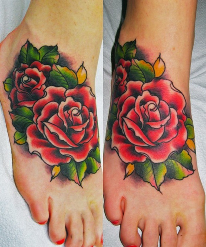 fuß tattoo rosen farblich