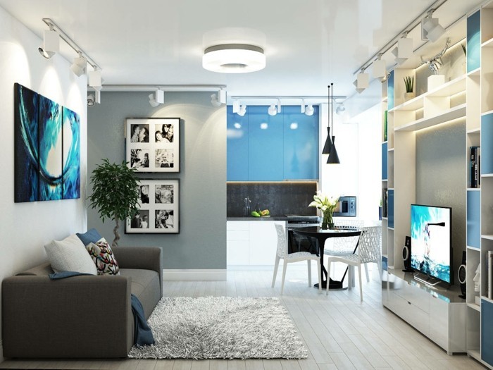 Wohnzimmer in grau und blau